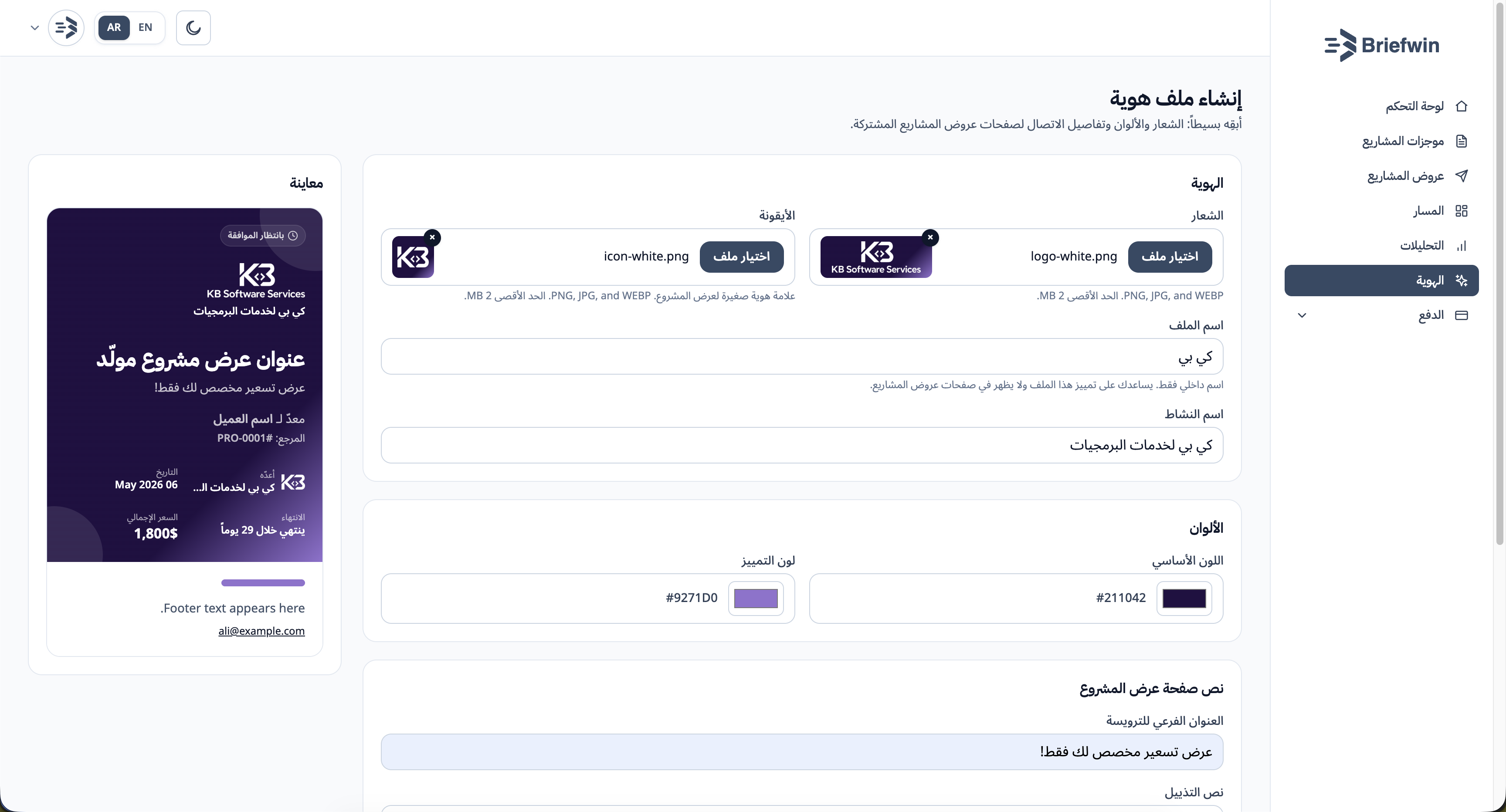 شاشة إعداد الهوية البصرية في Briefwin
