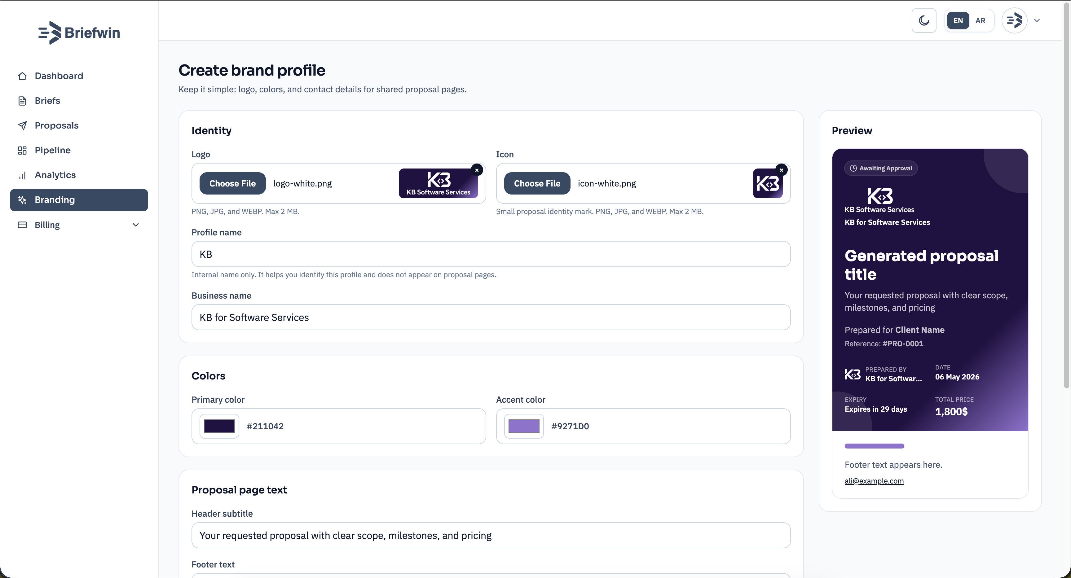 Briefwin branding settings screen