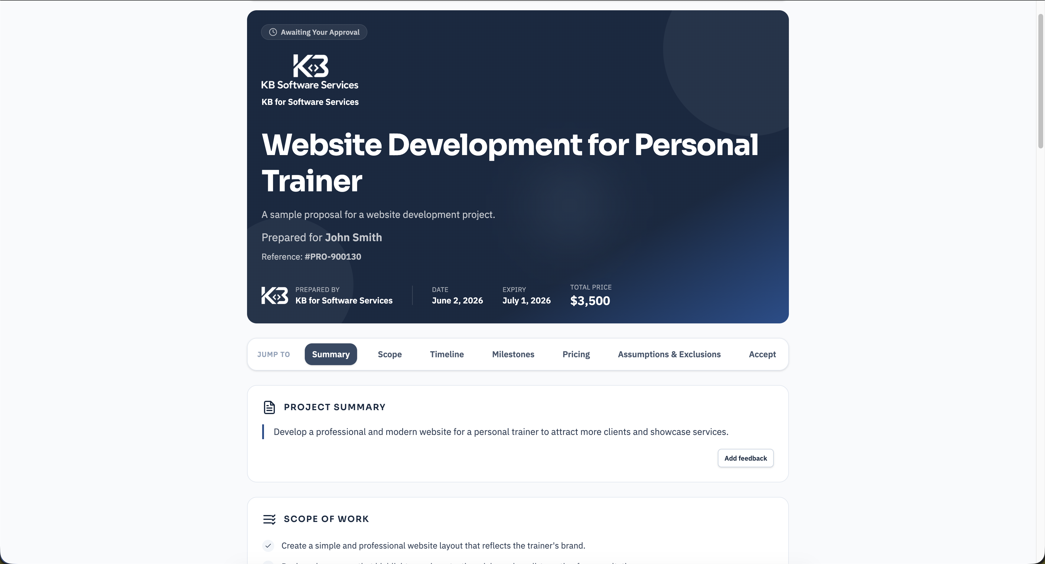 Client-facing branded proposal page