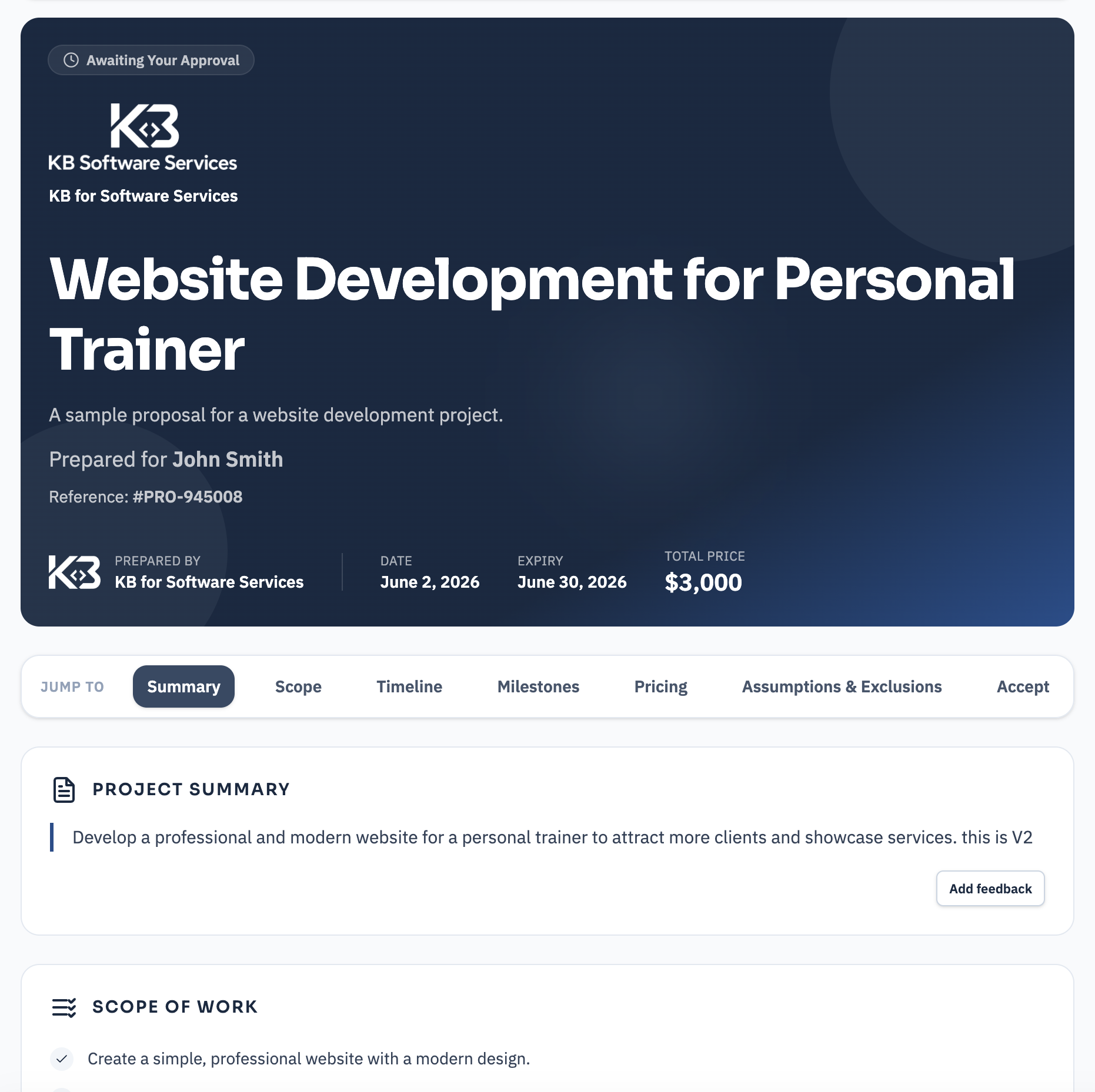 Client-facing demo proposal page