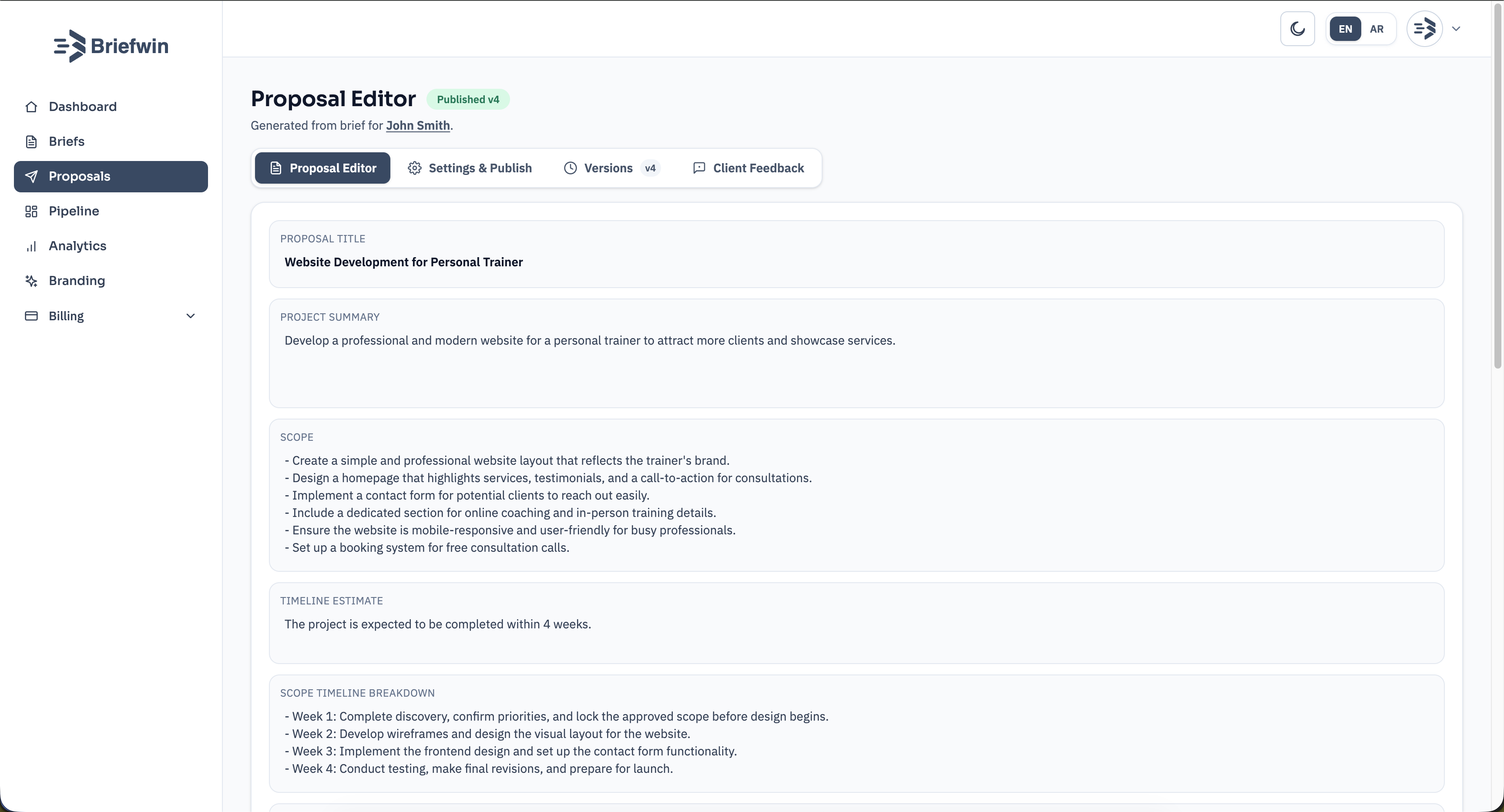 Briefwin proposal editor screen