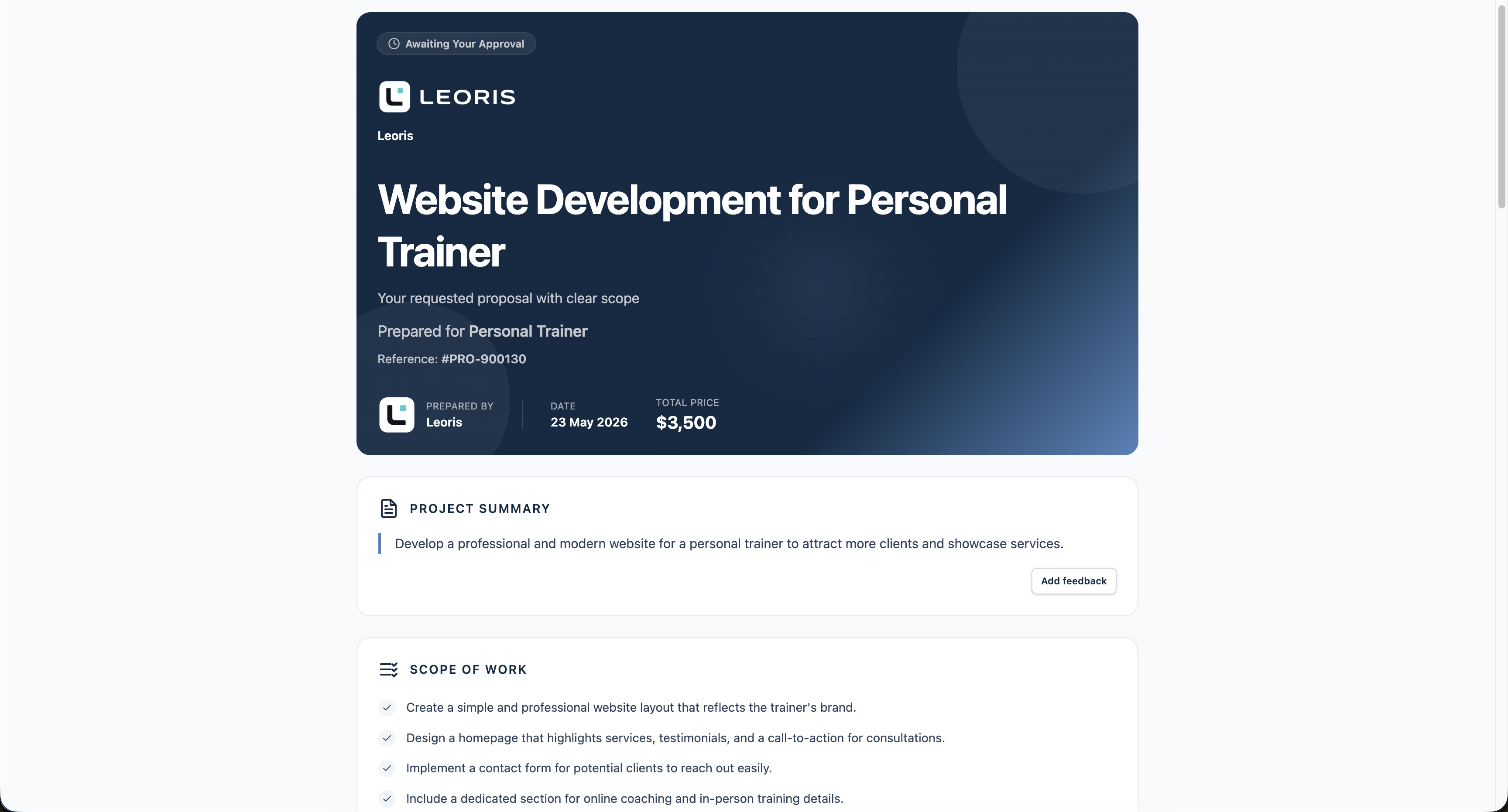 Client-facing branded proposal page