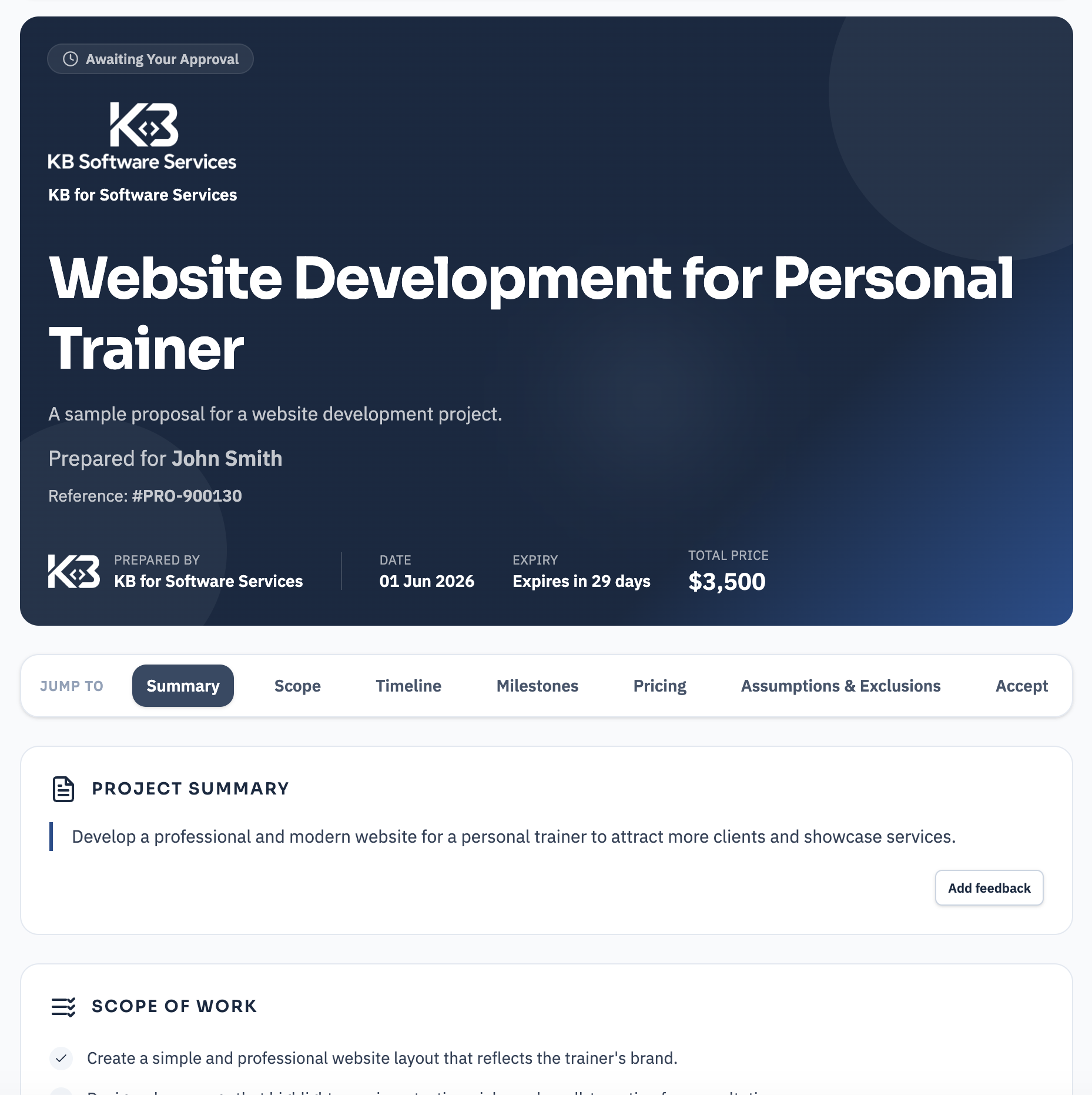 Client-facing demo proposal page